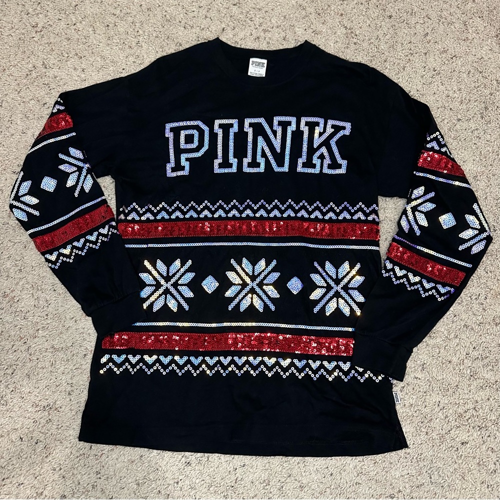 Victoria’s Secret pink sequin Christmas snowflake long sleeve top